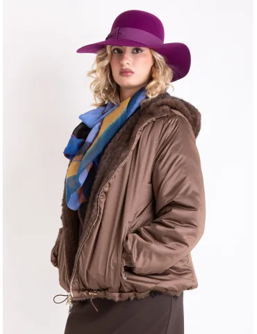 Reversible brown faux fur padded jacket with hood 2