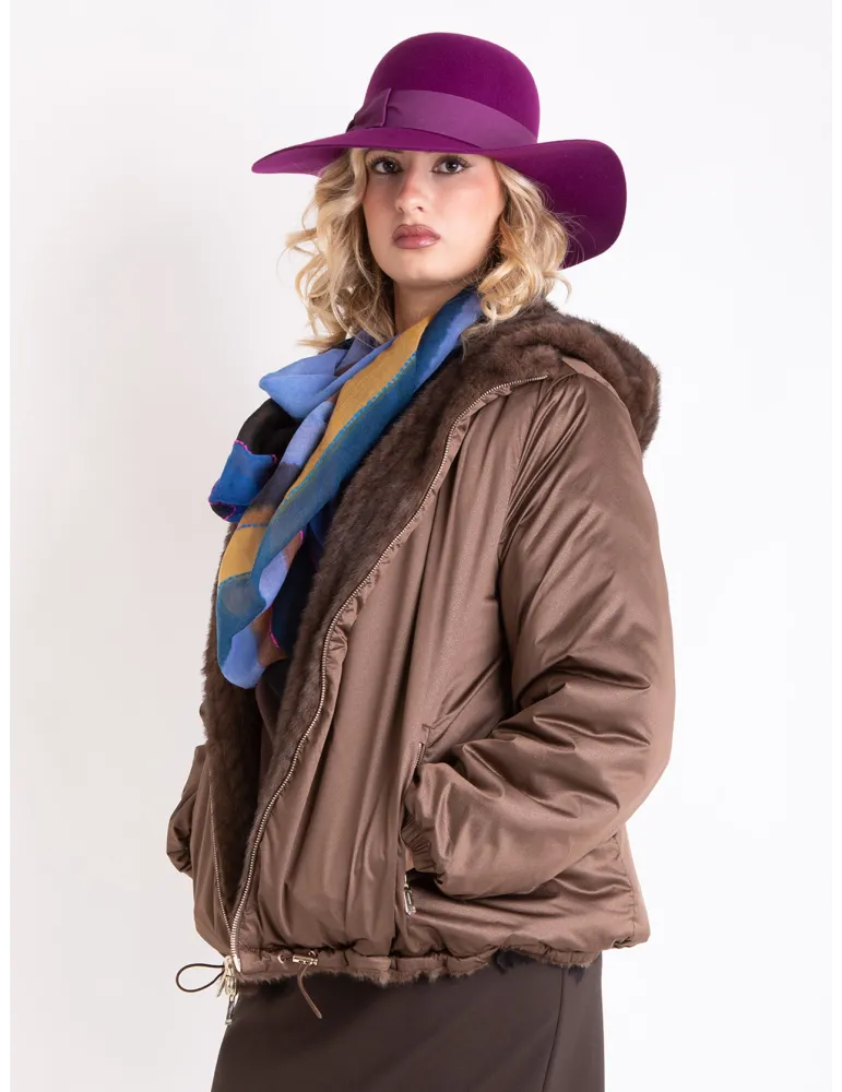 Reversible brown faux fur padded jacket with hood | Plus size available
