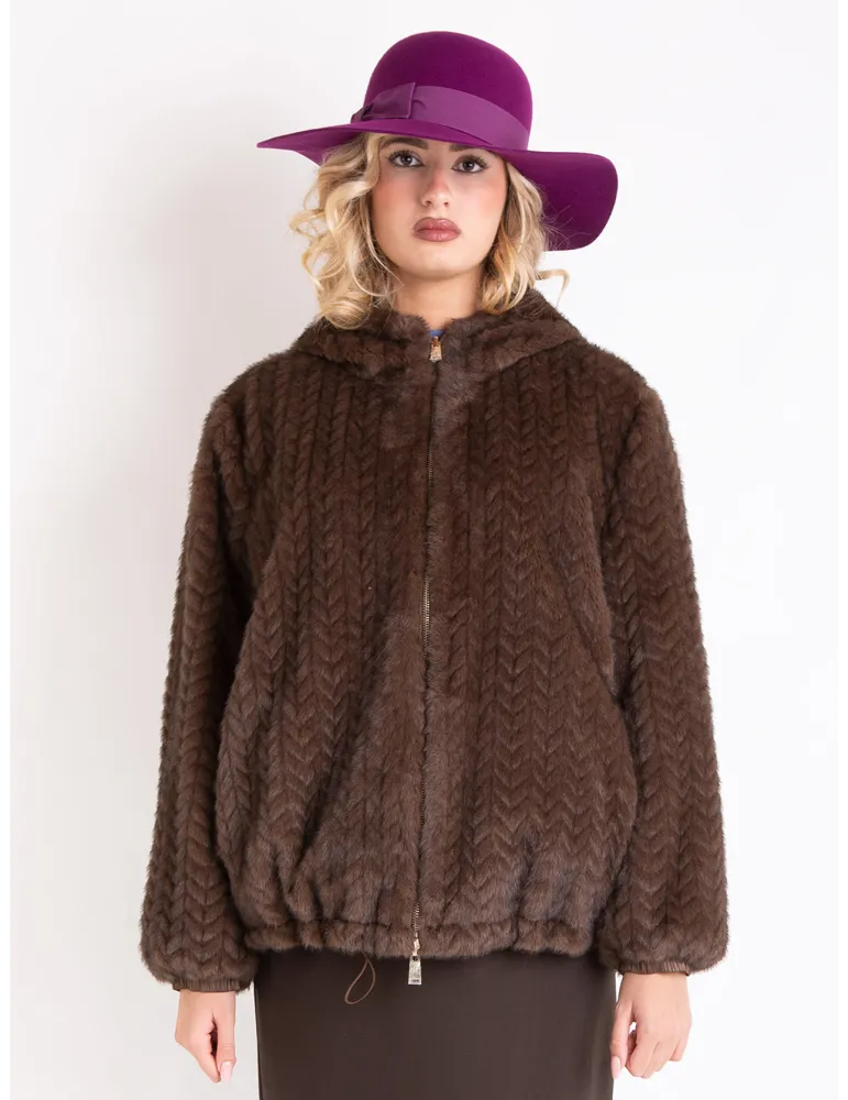 Reversible brown faux fur padded jacket with hood | Plus size available