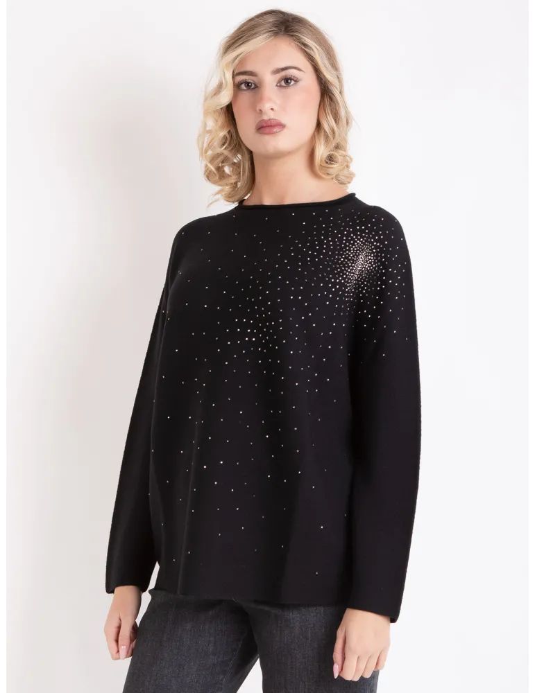 Francesca Mercuriali | Maglia orizzontale in merino nero con strass