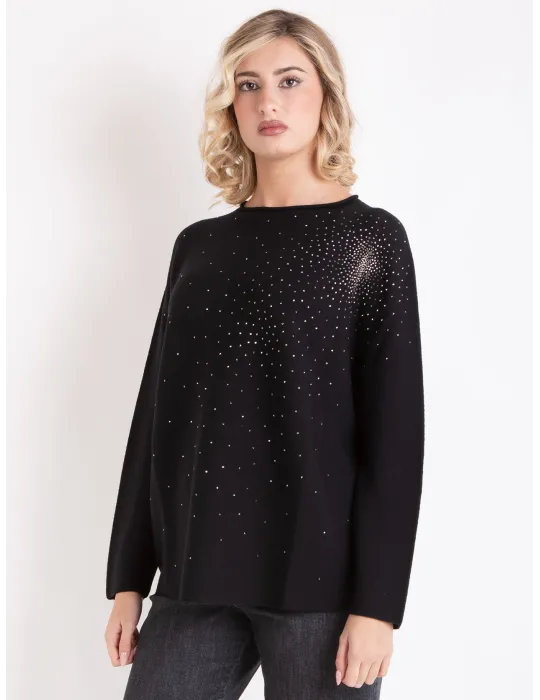 Horizontal-knit black Merino wool sweater with rhinestones