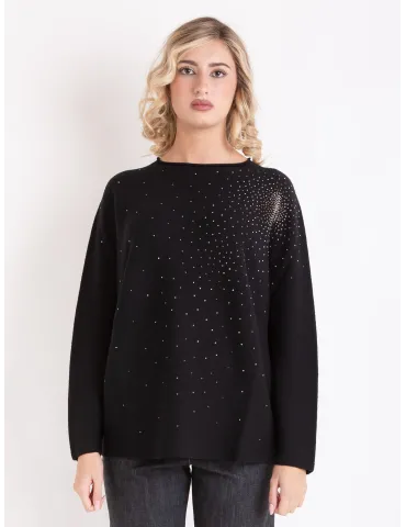 Horizontal-knit black Merino wool sweater with rhinestones 2