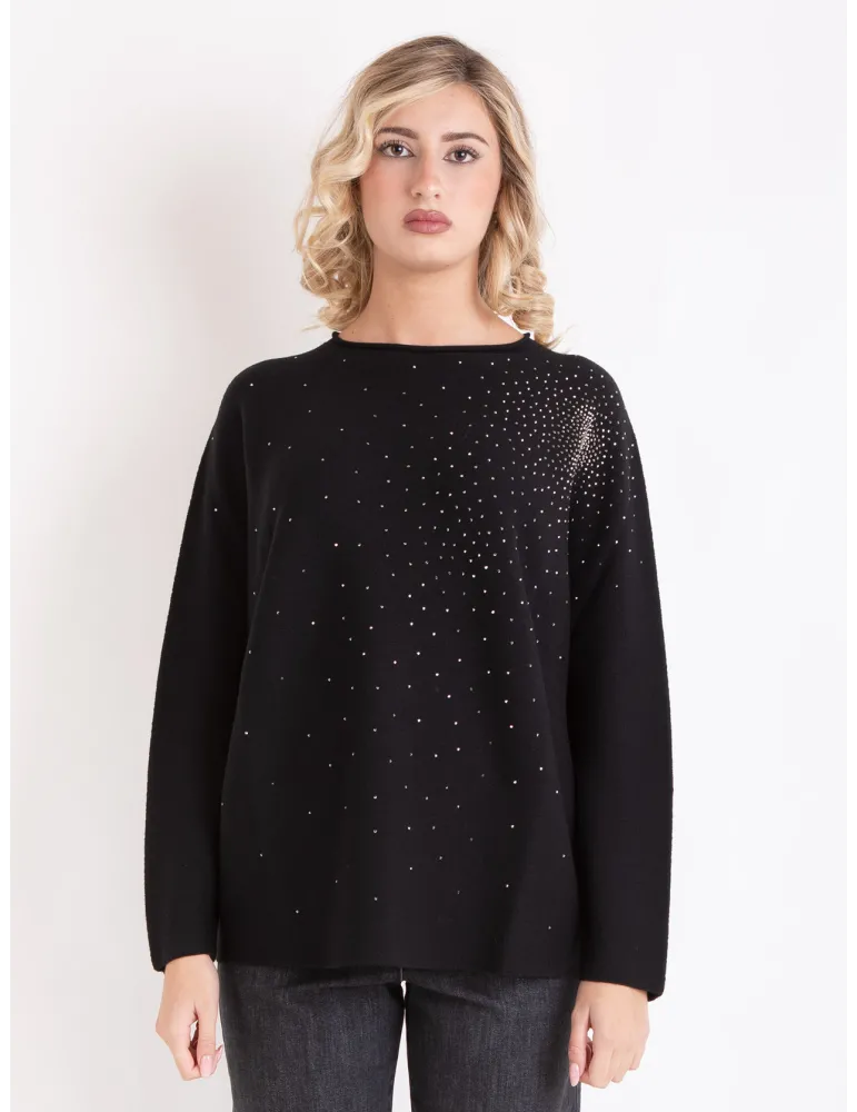 Francesca Mercuriali | Maglia orizzontale in merino nero con strass