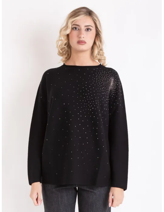 Horizontal-knit black Merino wool sweater rhinestones by F. Mercuriali