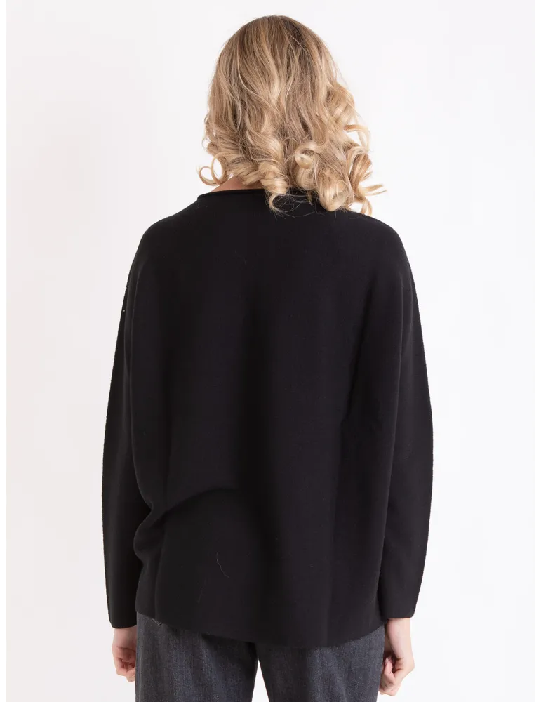 Horizontal-knit black Merino wool sweater with rhinestones