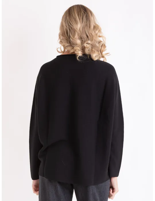 Horizontal-knit black Merino wool sweater with rhinestones