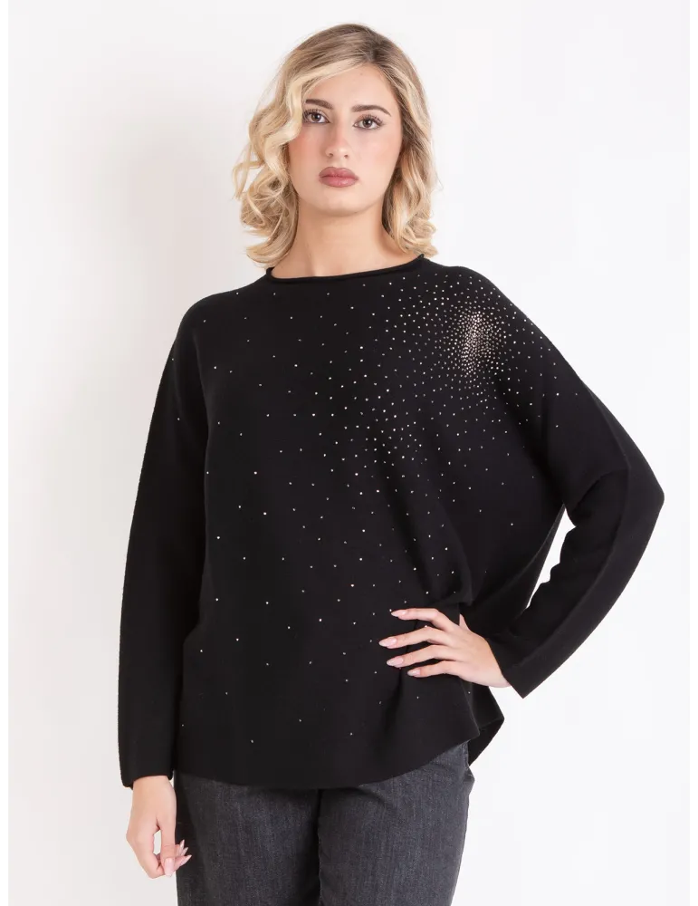 Horizontal-knit black Merino wool sweater with rhinestones