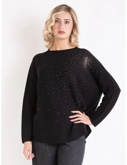 Horizontal-knit black Merino wool sweater with rhinestones
