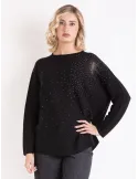 Horizontal-knit black Merino wool sweater with rhinestones