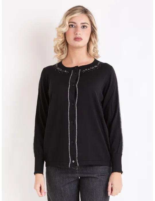 Black merino wool cardigan jacket with crystals embroidery