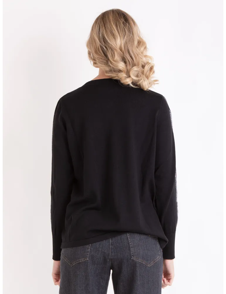 Black merino wool cardigan jacket with crystals embroidery