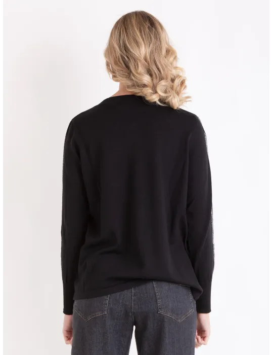 Black merino wool cardigan jacket with crystals embroidery