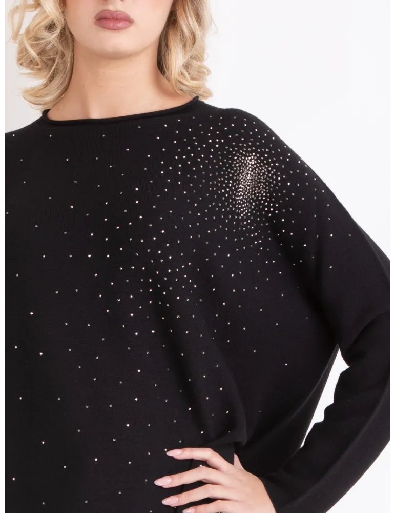 Francesca Mercuriali | Maglia orizzontale in merino nero con strass