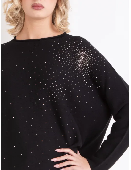 Francesca Mercuriali | Maglia orizzontale in merino nero con strass