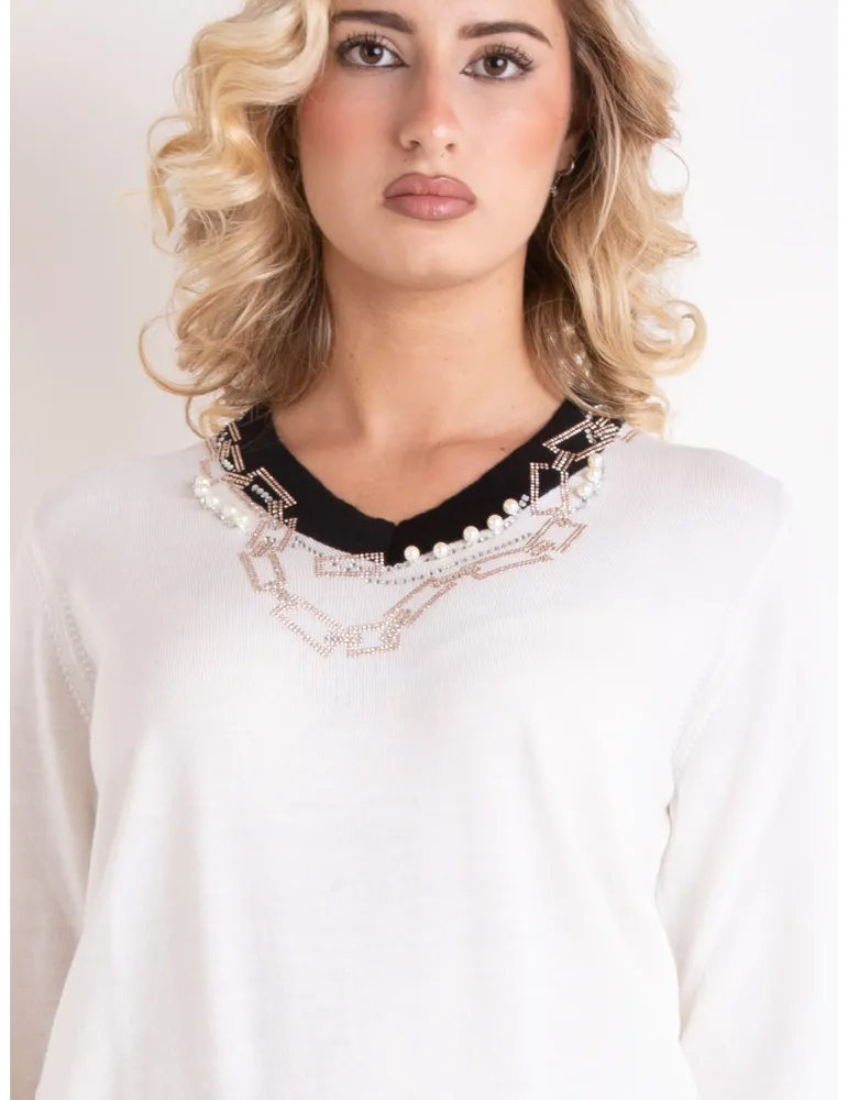 Maglia bianca e nera con ricami di perle e strass Francesca Mercuriali