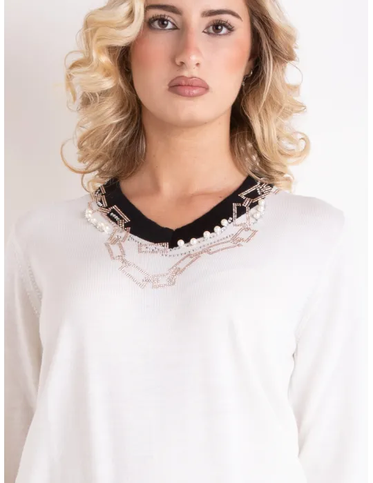 Maglia bianca e nera con ricami di perle e strass Francesca Mercuriali