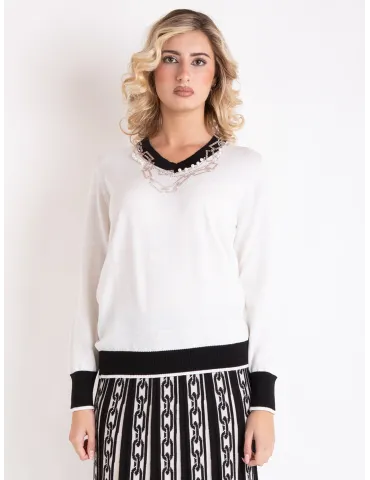 Milky white merino wool long sweater with rich embroidery 2