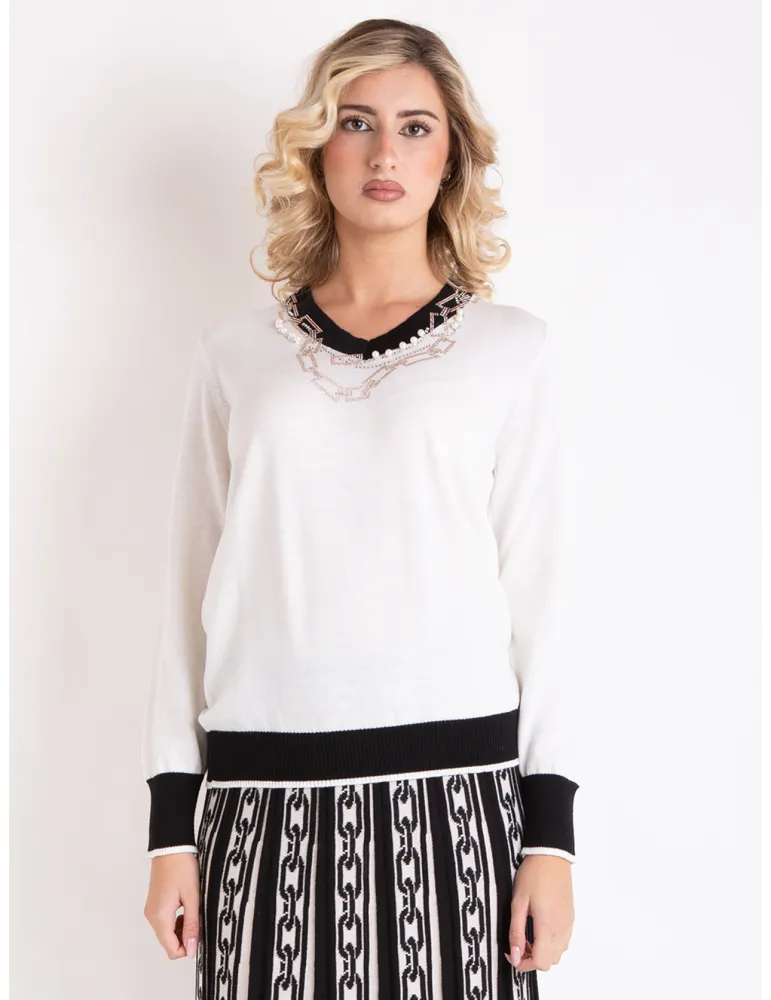 Milky white merino wool long sweater with rich embroidery