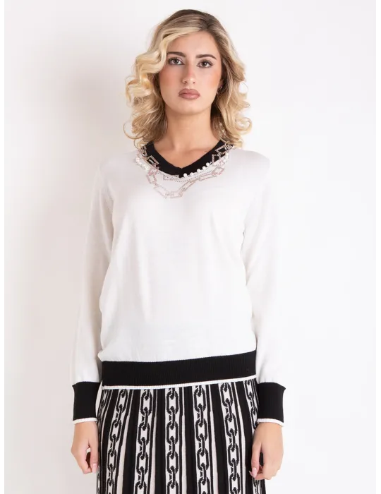 Milky white merino wool long sweater with rich embroidery