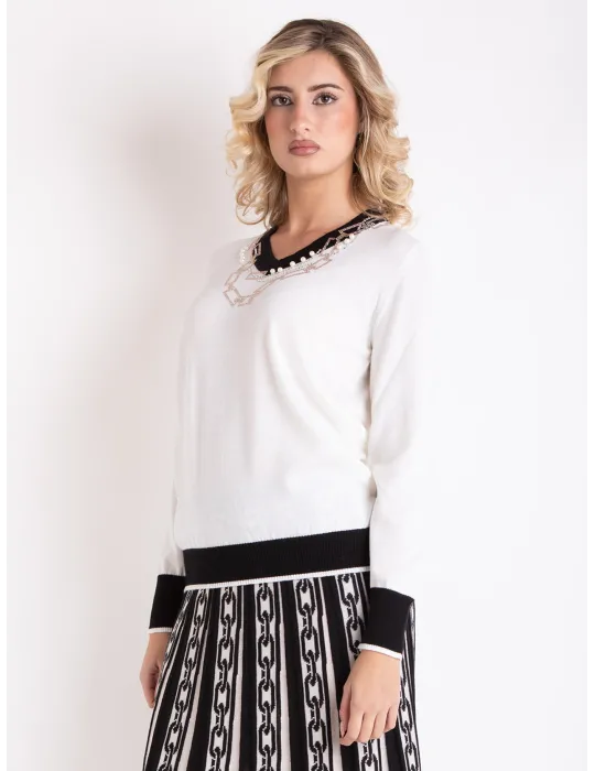 Milky white merino wool long sweater with rich embroidery