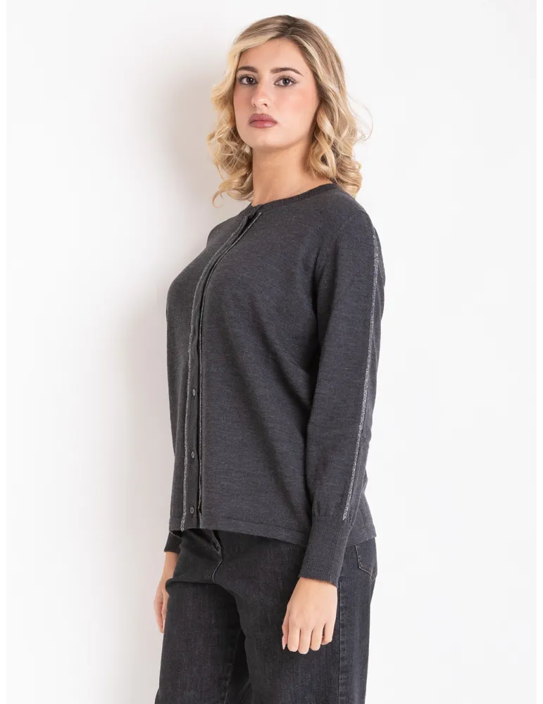Grey all merino wool cardigan jacket with lurex thread