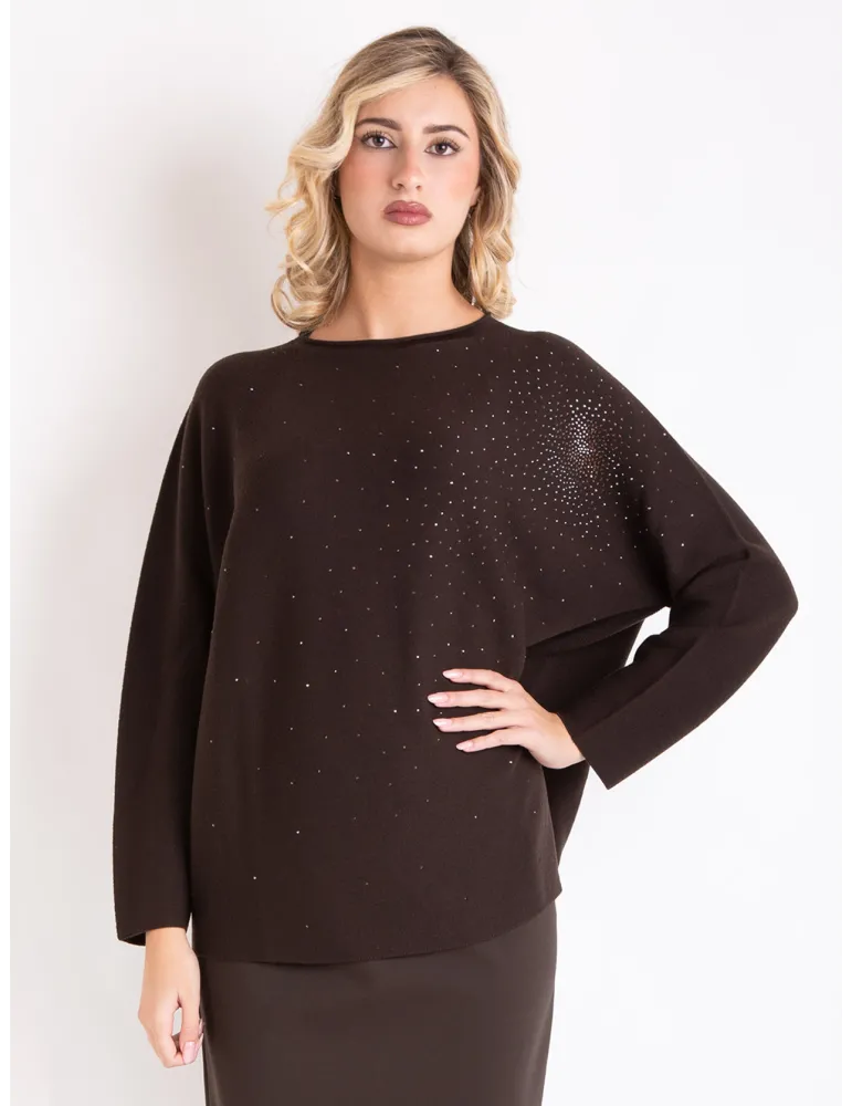 Horizontal-knit black Merino wool sweater rhinestones by F. Mercuriali