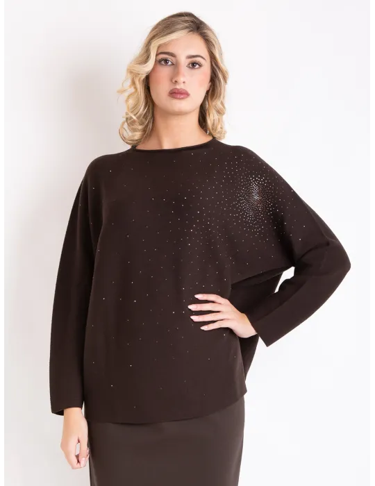 Horizontal-knit brown Merino wool sweater with rhinestones