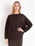 Horizontal-knit brown Merino wool sweater with rhinestones