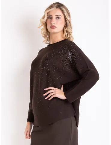 Horizontal-knit brown Merino wool sweater with rhinestones 2