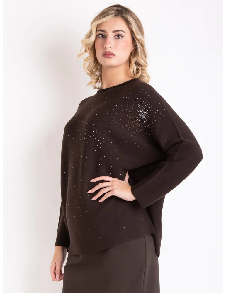 Francesca Mercuriali | Maglia orizzontale in merino marrone con strass