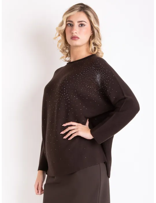 Horizontal-knit brown Merino wool sweater with rhinestones