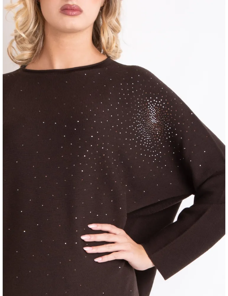 Francesca Mercuriali | Maglia orizzontale in merino marrone con strass