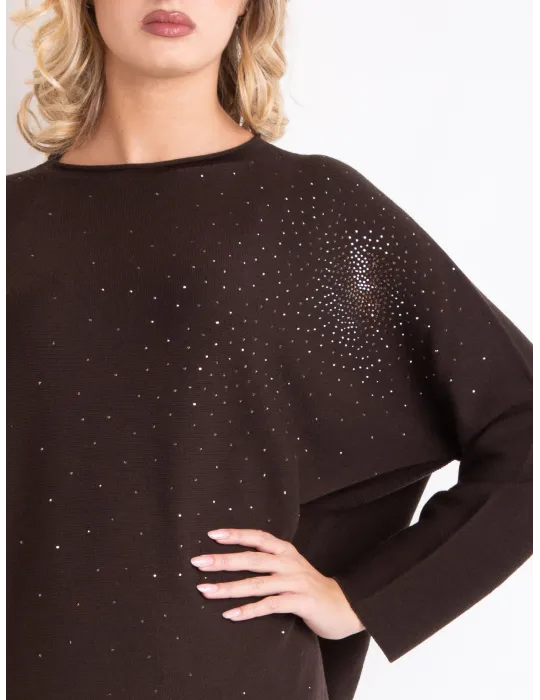 Horizontal-knit brown Merino wool sweater with rhinestones