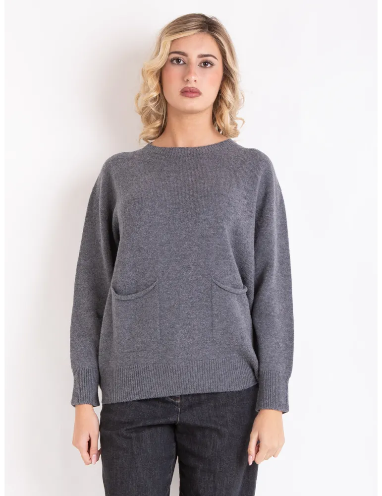 Melange grey cashmere wool sweater with pockets