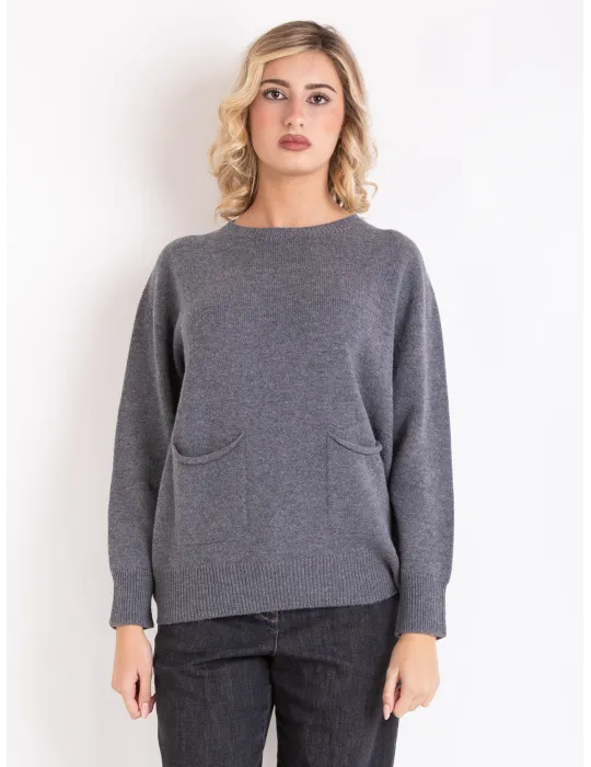 Melange grey cashmere wool sweater with pockets