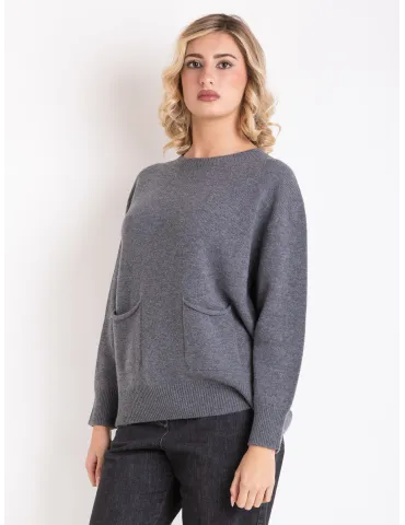 Melange grey cashmere wool sweater with pockets 2