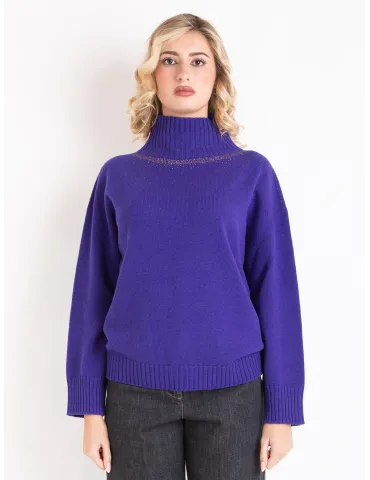 Purple cashmere wool turtleneck sweater with crystals