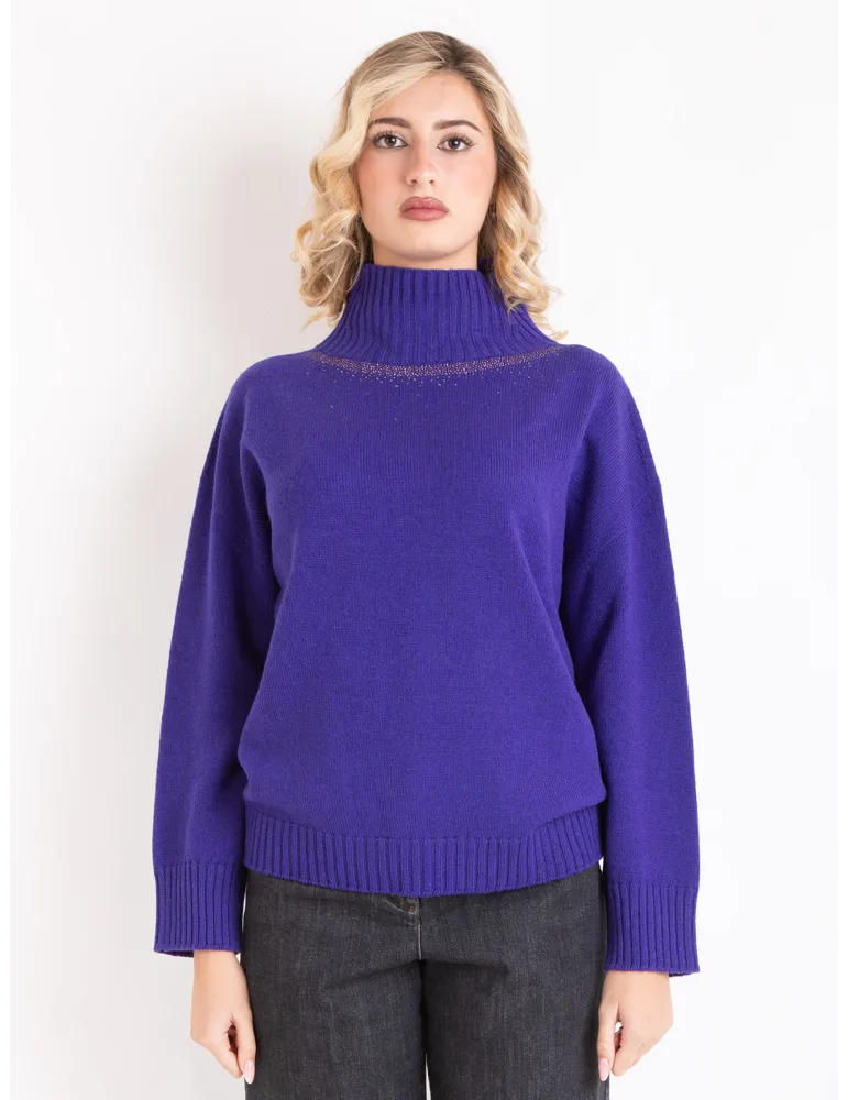Purple cashmere wool turtleneck sweater with crystals