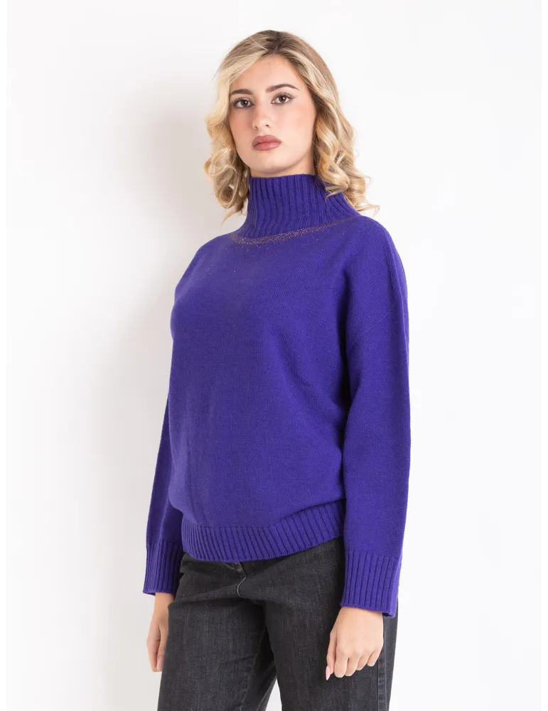 Purple cashmere wool turtleneck sweater with crystals