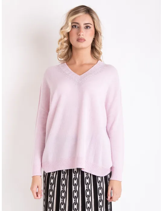 Mercuriali pink oversize cashmere sweater with rhinestones