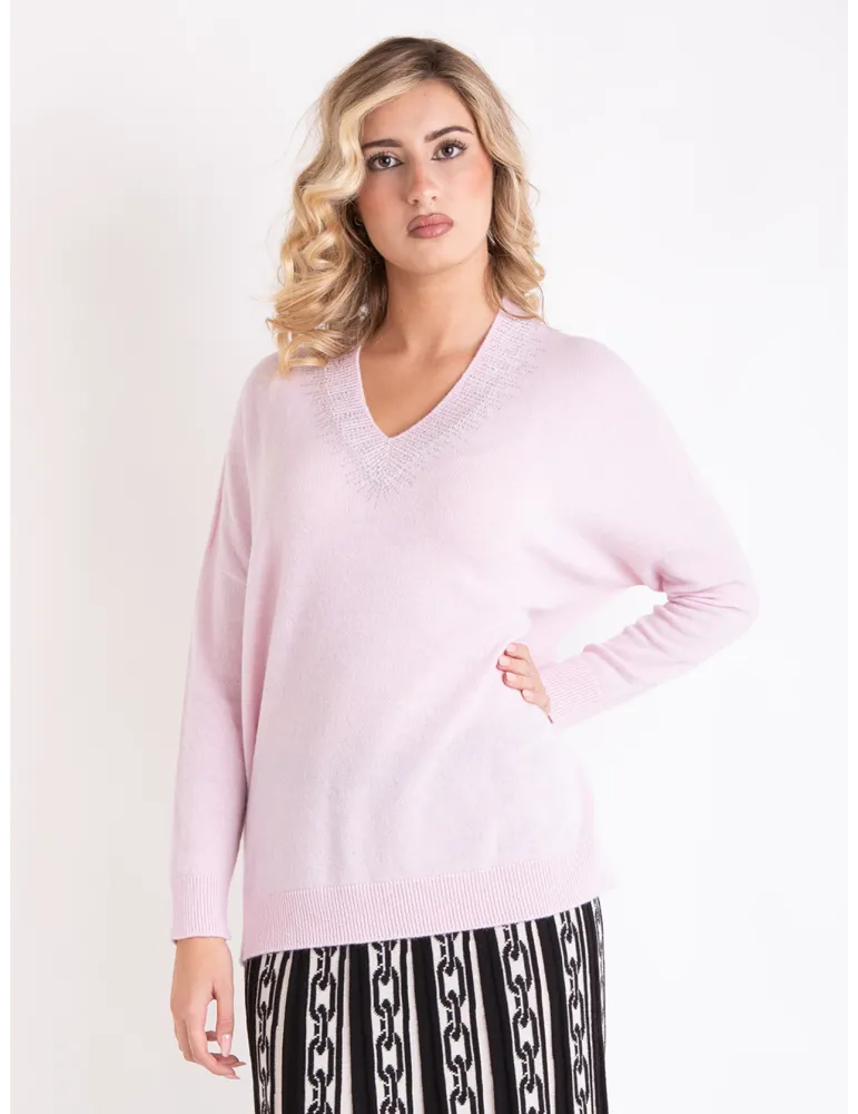 Francesca Mercuriali | Maglia oversize lana cashmere rosa con strass