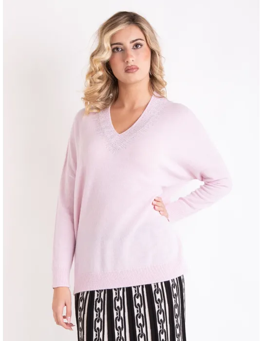 Mercuriali pink oversize cashmere sweater with rhinestones