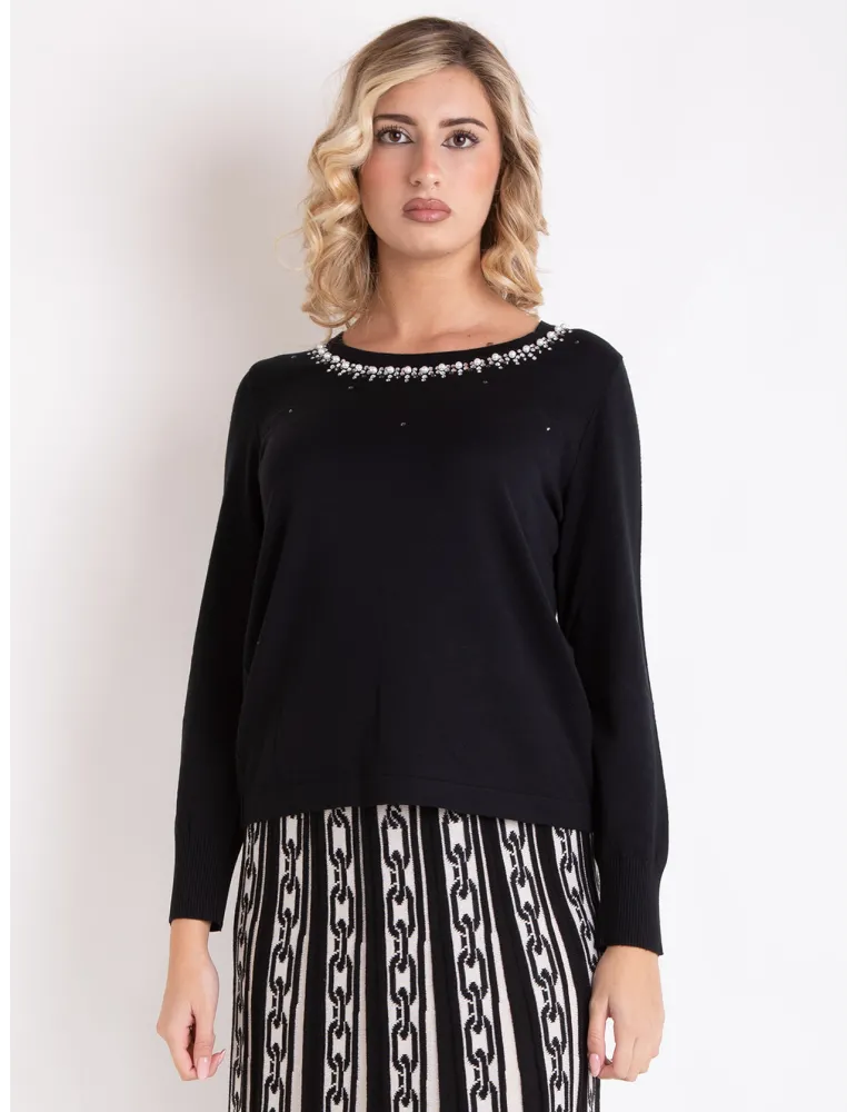Francesca Mercuriali | Plus size Black sweater with pearls crystals