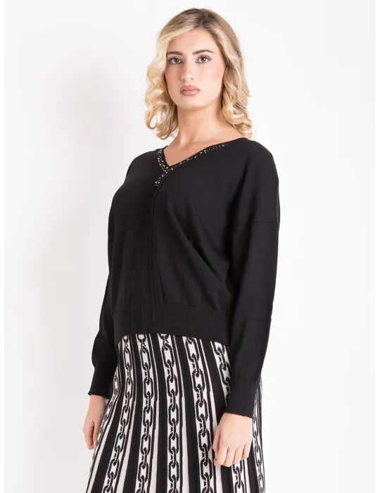 Francesca Mercuriali Black merino V sweater with crystals