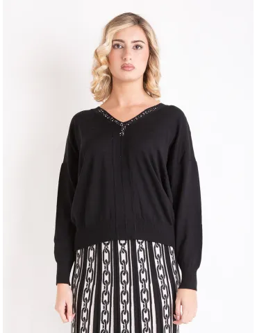 Francesca Mercuriali Black merino V sweater with crystals