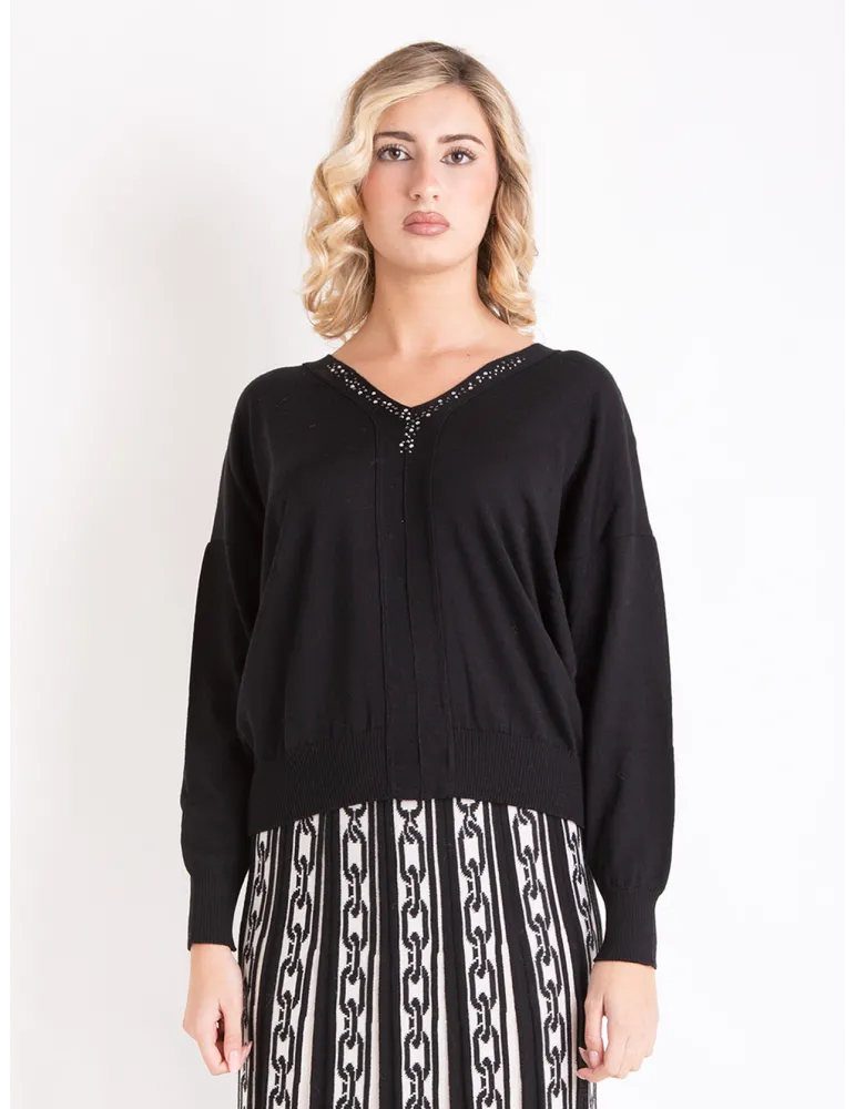 Francesca Mercuriali Black merino V sweater with crystals
