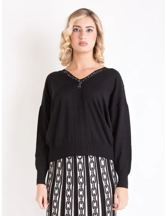 Francesca Mercuriali | Plus size Black merino V sweater with crystals
