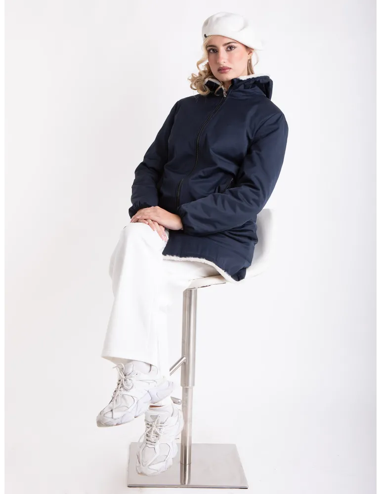 Reversible Navy Blue Parka with White Faux Fur Interior