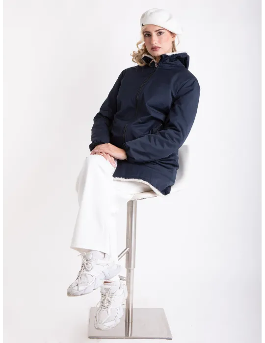 Reversible Blue Parka Coat with Faux Fur Interior – Elegant Winter Jacket