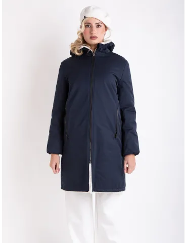 Reversible Blue Parka Coat with Faux Fur Interior – Elegant Winter Jacket